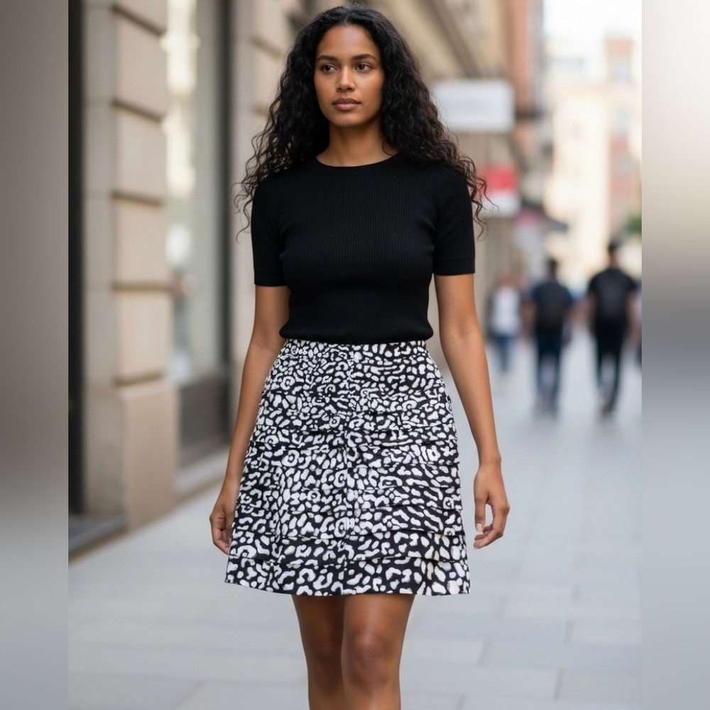 Black & White Animal Print Pencil Skirt Horizontal Pleats Med